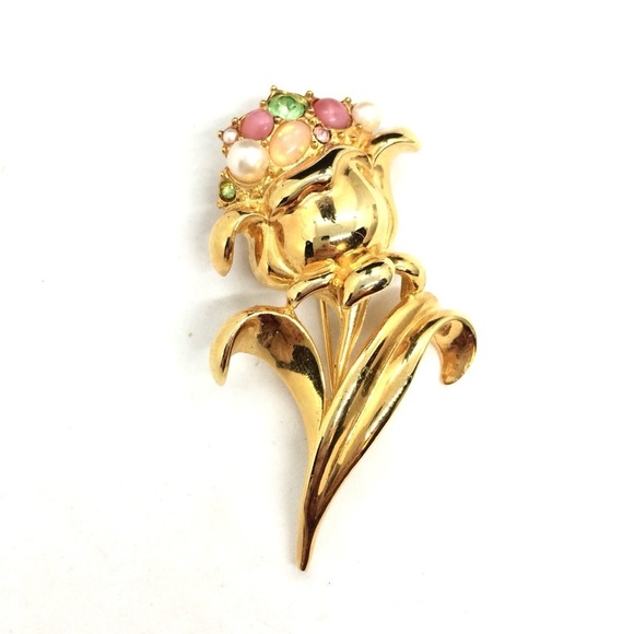 VINTAGE UNSIGNED GIVENCHY TULIP BROOCH PIN PEARL ART GLASS GOLD TONE RARE FLOWER - Picture 1 of 17